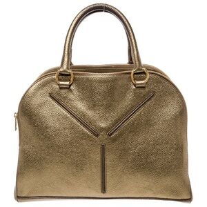 Yves Saint Laurent SAC 32 Metallic Gold Leather Satchel Tote Handle Bag Pebbled